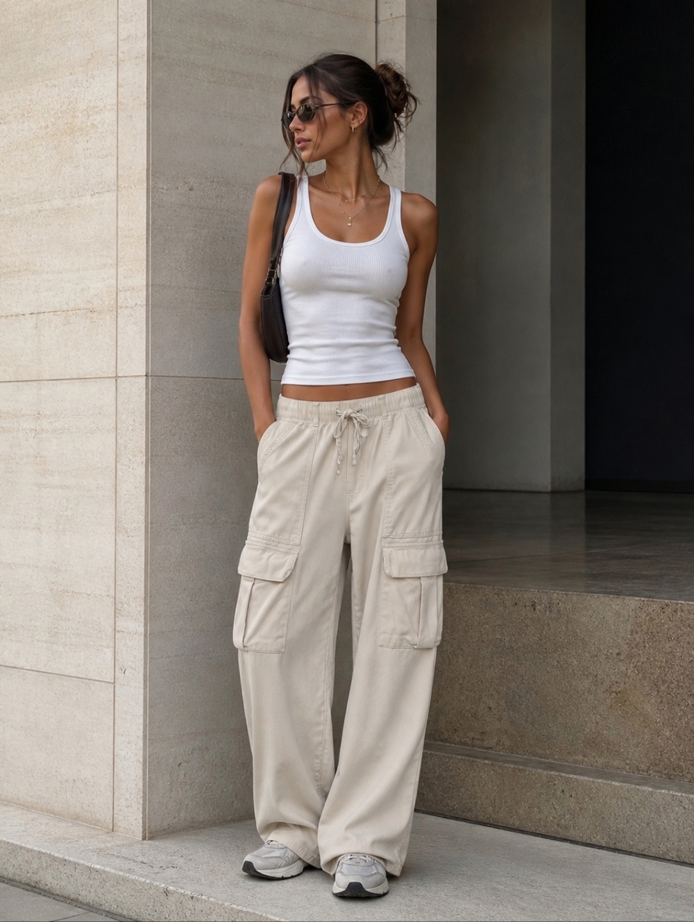 HABITUAL Cargo Pants Womens Small Beige Cream Baggy High Rise Utility Baddy